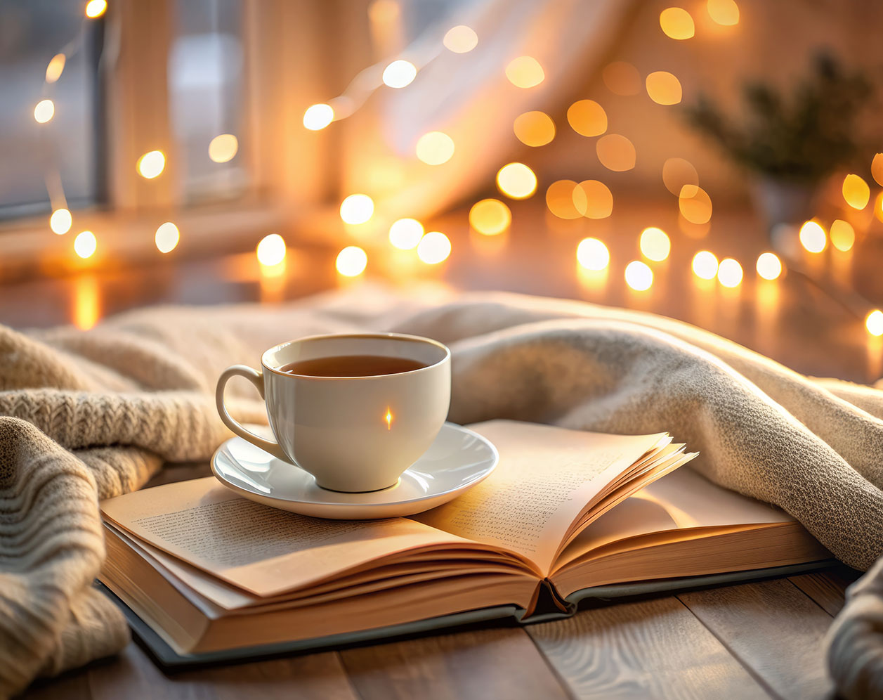 Eine Tasse mit heißem Tee steht auf einem geöffneten Buch. Daneben liegt eine kuschelige Strickdecke. Im Hintergrund sorgen warme Lichterketten für eine gemütliche und entspannte Atmosphäre.